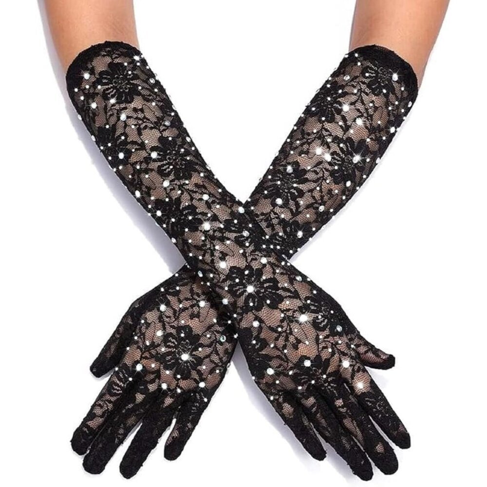Women's Bling Floral Long Lace Gloves Wedding Dance Stretchy Elbow Length